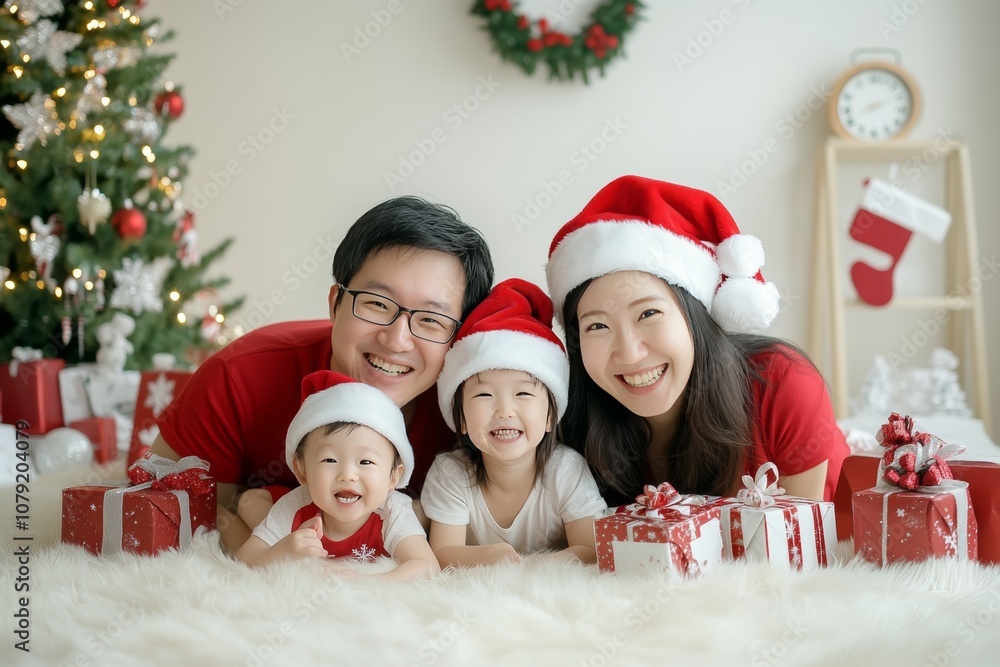A happy family in Christmas outfits, wearing Santa hats and smiling at the camera while lying on their stomachs with presents around them. The room is decorated for Christmas, featuring a white fur ca A happy family in Christmas outfits, wearing Santa hats and smiling at the camera while lying on their stomachs with presents around them. The room is decorated for Christmas, featuring a white fur ca