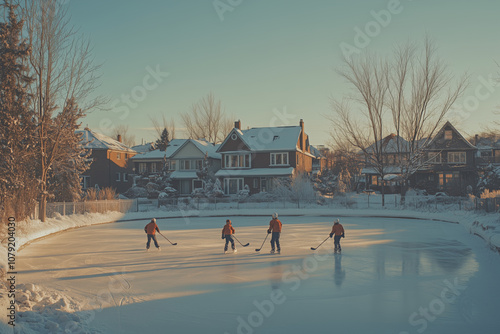 Family enjoying a winter day playing ice hockey in their backyard rink photo