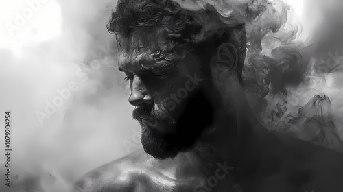 Haunting monochrome portrait man emerging from billowing smoke and dust chiaroscuro lighting textured skin details emotive expression atmospheric drama. Chiaroscuro. Illustration