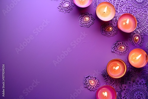 Happy diwali design holiday background A purple background with a lot of candles on it. The candles are in different sizes and colors photo