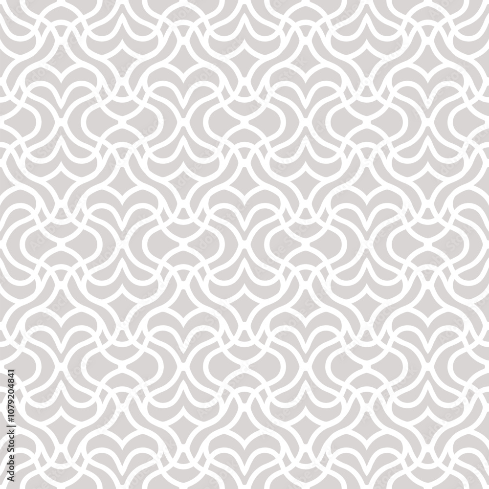 Vector geometric pattern. Seamless texture in oriental style. Abstract subtle ornament with curved lines, lattice, grid, heart shapes. Gray and white ornamental background. Repeated modern geo design Vector geometric pattern. Seamless texture in oriental style. Abstract subtle ornament with curved lines, lattice, grid, heart shapes. Gray and white ornamental background. Repeated modern geo design