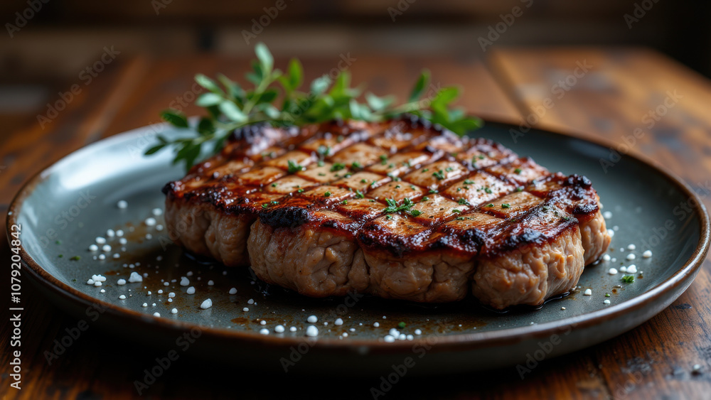 Sizzling steak on a plate, garnished with herbs, served on a rustic wooden table. Sizzling steak on a plate, garnished with herbs, served on a rustic wooden table.