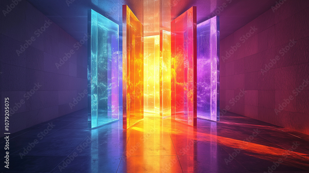 Vollkommen verspiegelter Würfel Platten Lichtsäulen steht in einem neonfarbenen raum lichtdurchflutet leuchtend und reflektiert die bunten farben an den wänden Generative AI Vollkommen verspiegelter Würfel Platten Lichtsäulen steht in einem neonfarbenen raum lichtdurchflutet leuchtend und reflektiert die bunten farben an den wänden Generative AI