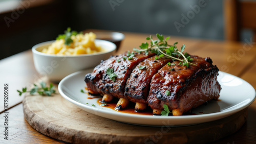 Tender, juicy grilled steak with sauce on a plate next to a bowl of fluffy mashed potatoes, all sitting atop a rustic wooden cutting board.