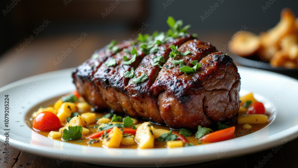 Juicy grilled steak with colorful salsa on a plate.