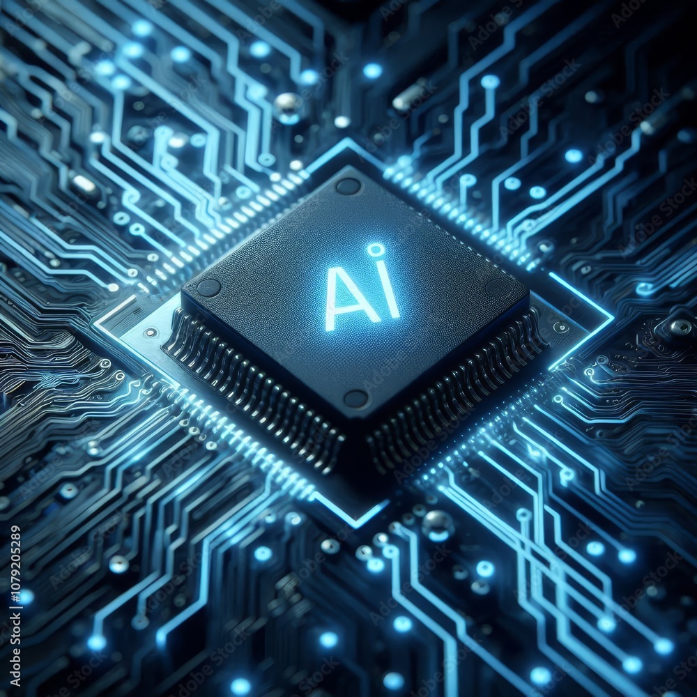 Glowing light blue neon AI chip with thin circuit contact lines. AI chip on technology background. Abstract digital tech background in monochrome blue. Semiconductor on a board
Glowing light blue neon AI chip with thin circuit contact lines. AI chip on technology background. Abstract digital tech background in monochrome blue. Semiconductor on a board