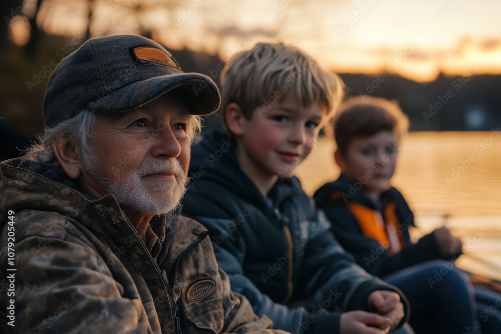 Three generations enjoying a peaceful evening by the fishing lake Three generations enjoying a peaceful evening by the fishing lake