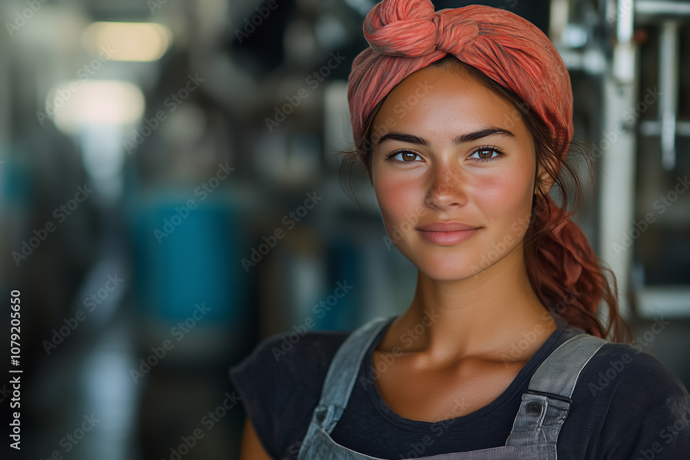 Confident female textile worker smiling in a vibrant factory setting Confident female textile worker smiling in a vibrant factory setting