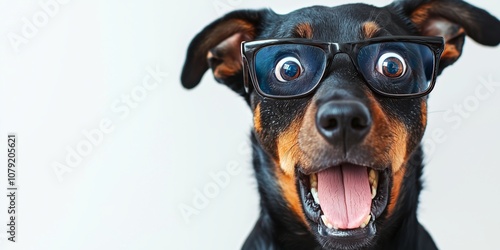 A cute dog wearing large glasses stares with a surprised expression, blending humor and cuteness perfectly. photo