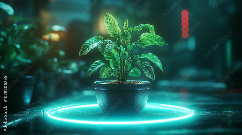 grüne natürliche Zimmerpflanze steht in einem Labor und ist umgeben von hologrammen und neon Linien die die situation sehr futuristisch machen Generative AI grüne natürliche Zimmerpflanze steht in einem Labor und ist umgeben von hologrammen und neon Linien die die situation sehr futuristisch machen Generative AI