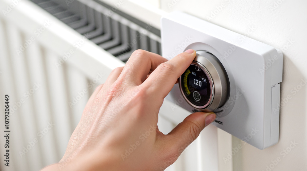 Naklejka premium Hand Adjusting Smart Thermostat on Radiator, Energy Efficiency and Home Automation Concept. Controlling Room Temperature, Smart Home Technology