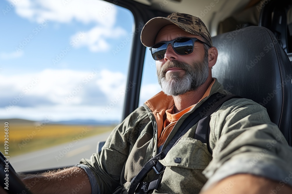Fototapeta premium Truck Driver Wears Rugged Gear and Baseball Cap on the Road
