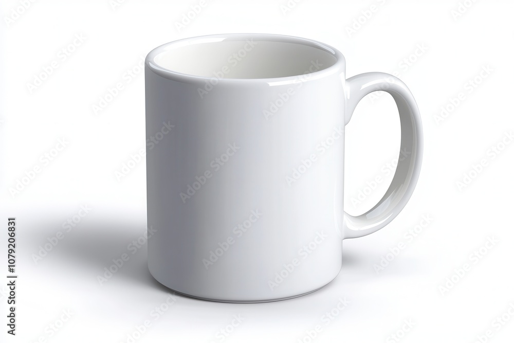 Fototapeta premium Minimalistische weiße Kaffeetasse Porzellan Tasse für Kaffee Tee schlichtes Design Moderne Tasse Fotografie weißer Hintergrund Dekoration Büro Küchendekor Geschenkidee für Kaffeeliebhaber