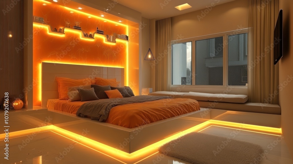 Fototapeta premium Modern bedroom with a large bed, orange accents, and LED lighting.