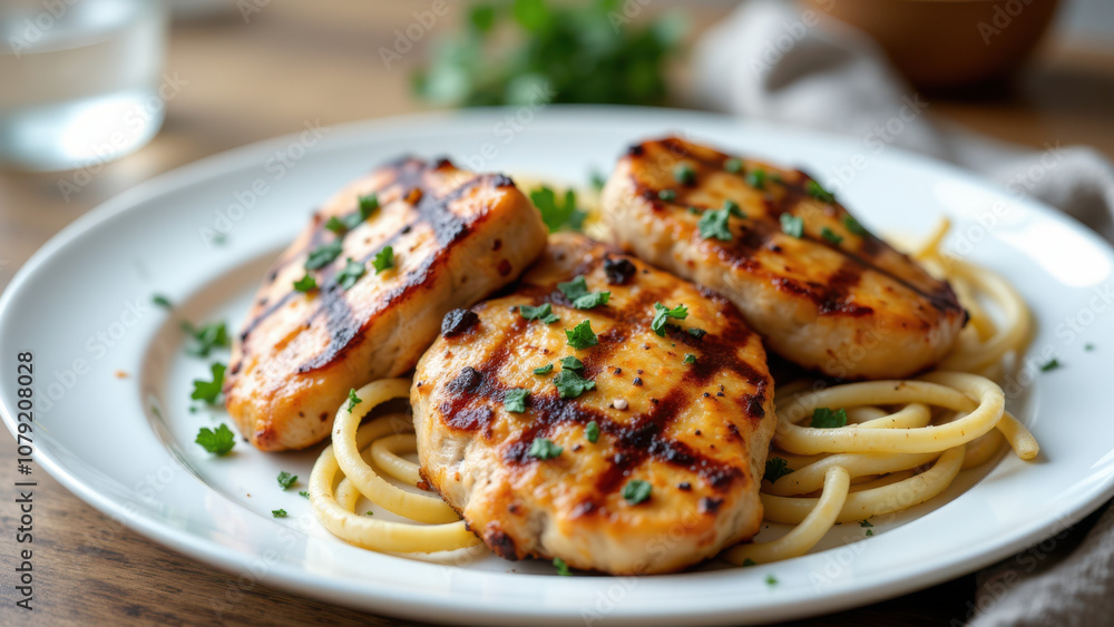 Delicious grilled chicken breast slices on a white plate atop fettuccine noodles garnished with parsley, perfect for a healthy carnivore diet meal. Delicious grilled chicken breast slices on a white plate atop fettuccine noodles garnished with parsley, perfect for a healthy carnivore diet meal.