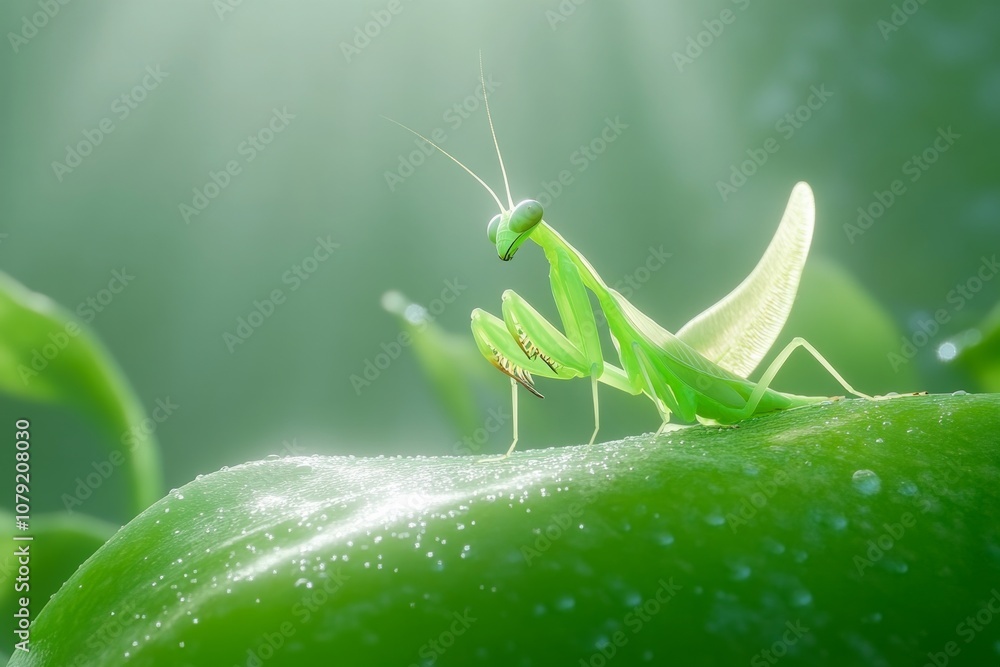 Fototapeta premium Mantis resting on a green leaf under natural light in a serene environment