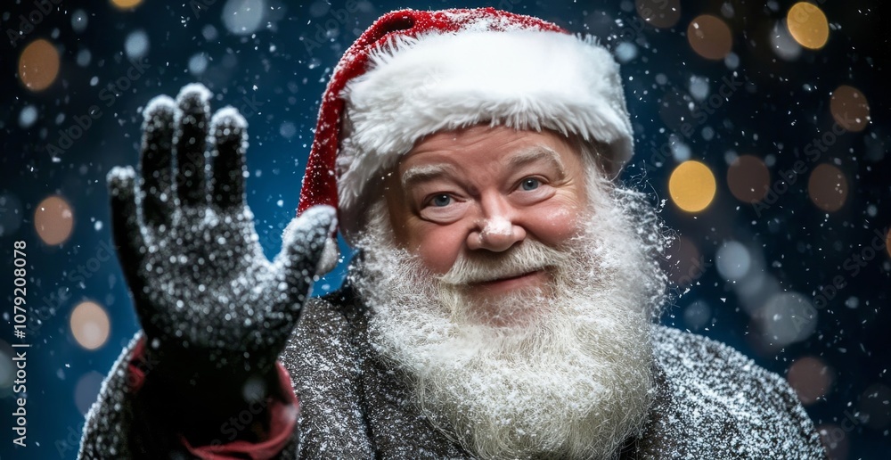 A photograph of Santa Claus is holding up his hand to stop the snow from falling. He has a white beard and is wearing a black suit with a red hat. The background is a dark blue with blurred lights. A photograph of Santa Claus is holding up his hand to stop the snow from falling. He has a white beard and is wearing a black suit with a red hat. The background is a dark blue with blurred lights.
