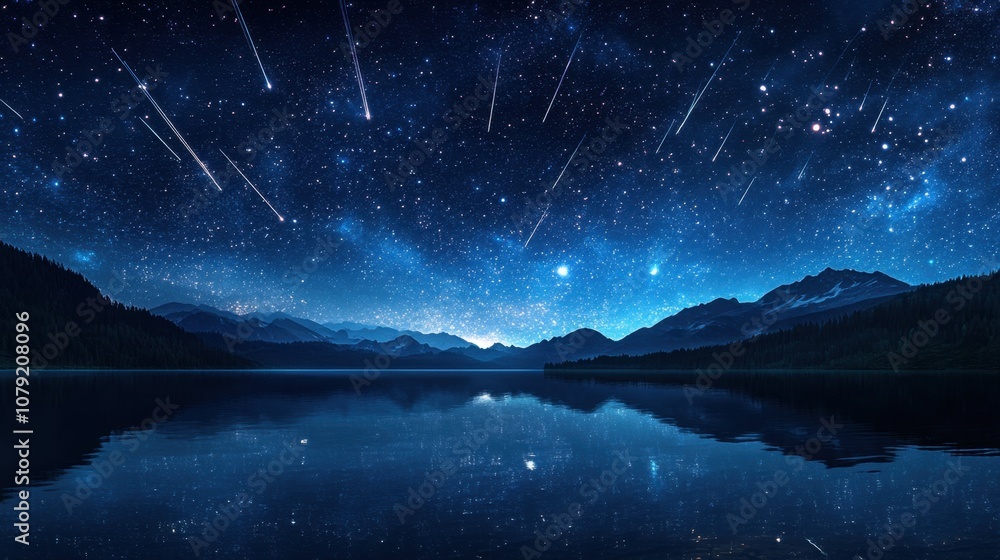 Meteor shower spectacle over tranquil lake nightscape nature photography serene environment celestial viewpoint Meteor shower spectacle over tranquil lake nightscape nature photography serene environment celestial viewpoint