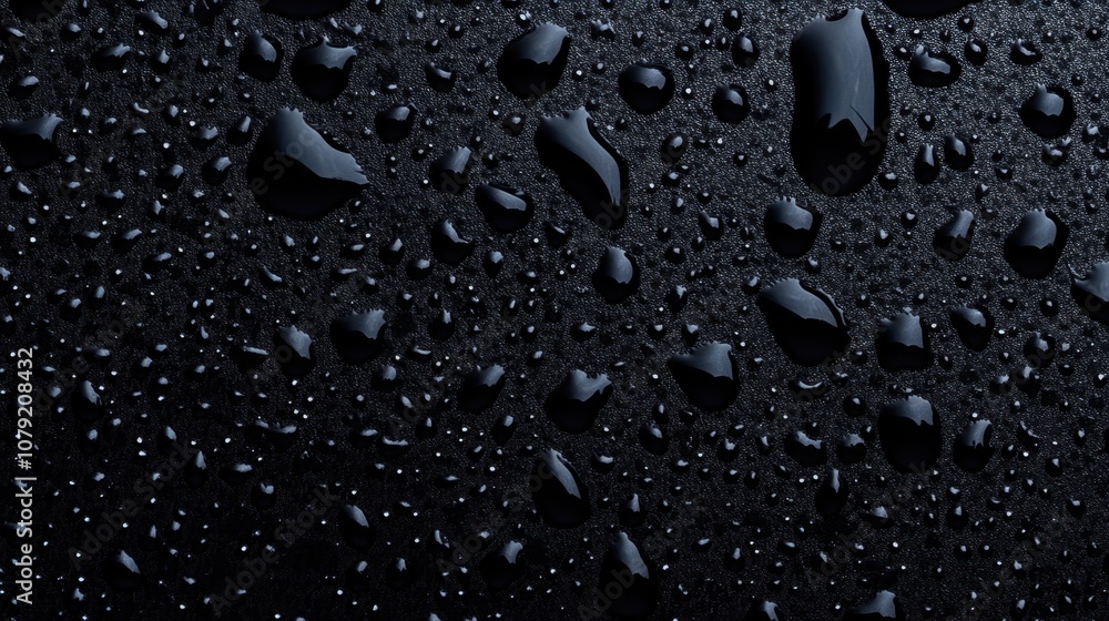 Water droplets on black surface macro photography dark environment close-up view textural exploration Water droplets on black surface macro photography dark environment close-up view textural exploration