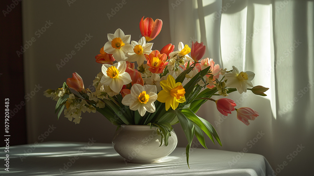 Spring flower bouquet of daffodils and tulips, vibrant mix of colors, white table, natural morning light Spring flower bouquet of daffodils and tulips, vibrant mix of colors, white table, natural morning light