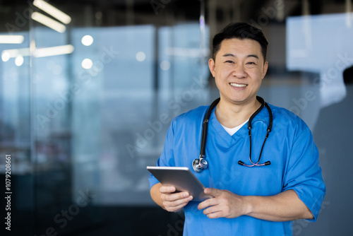 Portrait of a young Asian male doctor and medical staff standing in a clinic in a uniform with a stethoscope, holding a tablet and smiling at the camera photo