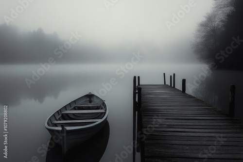 Foggy Lake with Rowboat and Wooden Dock photo