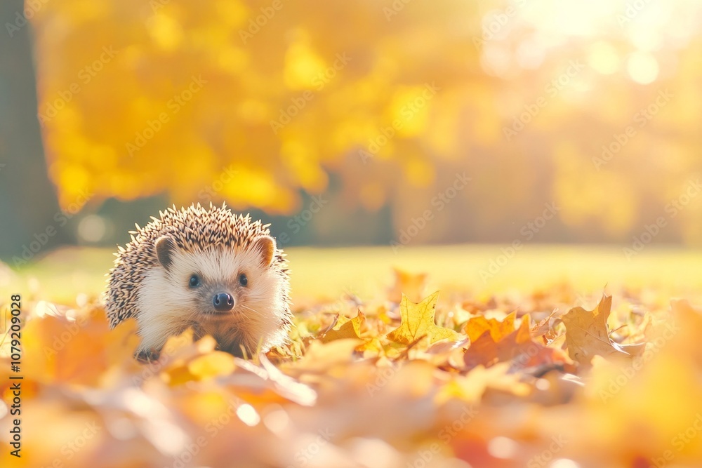 A hedgehog exploring a garden blanketed with vibrant autumn leaves under soft sunlight A hedgehog exploring a garden blanketed with vibrant autumn leaves under soft sunlight