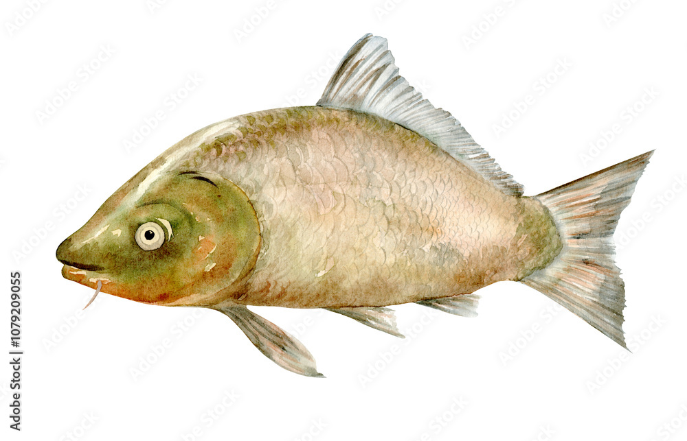 Carp fish. Fish of the carp family. Watercolor Clip Art. Illustration is hand drawn. Suitable for encyclopedias, card designs, textiles and scrapbooking. Carp fish. Fish of the carp family. Watercolor Clip Art. Illustration is hand drawn. Suitable for encyclopedias, card designs, textiles and scrapbooking.