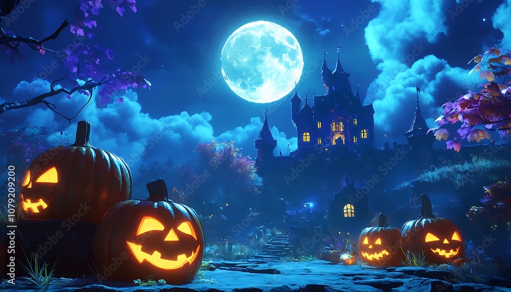 Naklejka premium A spooky Halloween scene featuring pumpkins, a bright full moon, and an eerie castle backdrop.