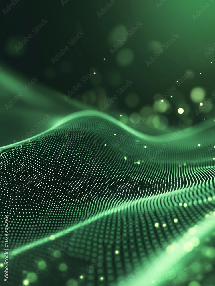 A green abstract background with a wavy pattern made of small dots and blurry lights in the background A green abstract background with a wavy pattern made of small dots and blurry lights in the background
