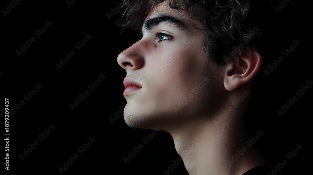 Low key portrait of a young man against a black background, dark relaxed profile shot with black copy spac. Chiaroscuro. Illustration Low key portrait of a young man against a black background, dark relaxed profile shot with black copy spac. Chiaroscuro. Illustration