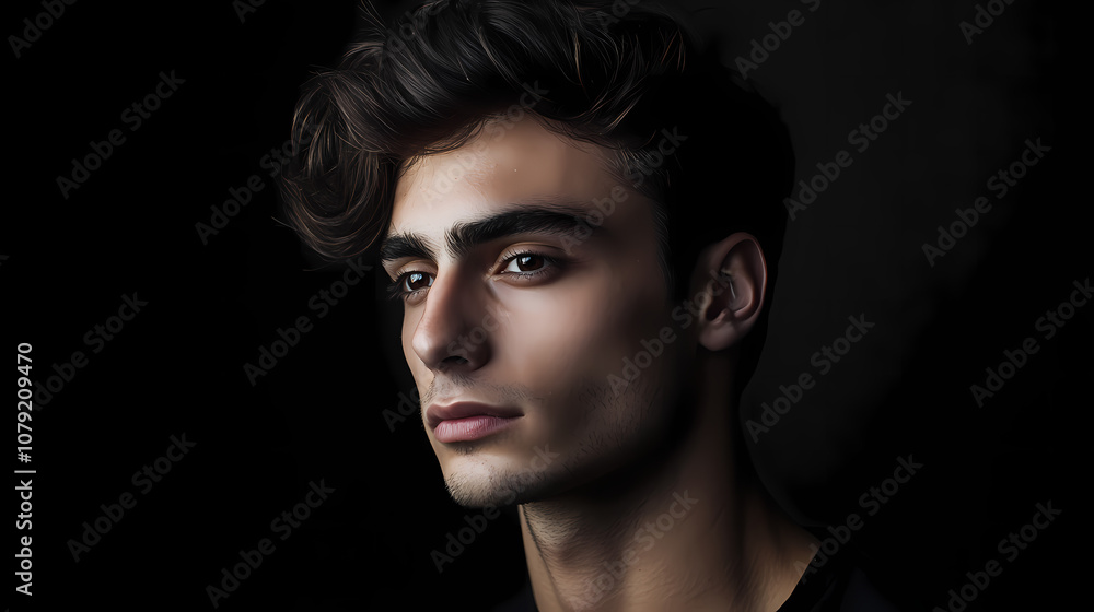 Low key portrait of a young man against a black background, dark relaxed profile shot with black copy spac. Chiaroscuro. Illustration Low key portrait of a young man against a black background, dark relaxed profile shot with black copy spac. Chiaroscuro. Illustration