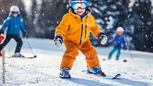 Wallpaper Mural A child skiing joyfully in sunny snowy landscapes with friends on a winter day during a skiing lesson in the mountains Torontodigital.ca