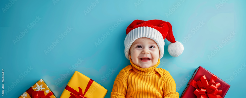 Cute funny baby in Santa hat lying and laughing. Christmas and New Year concept. Cute funny baby in Santa hat lying and laughing. Christmas and New Year concept.
