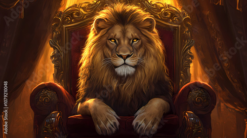 Majestic lion with regal golden mane seated on ornate throne rich jeweltoned backdrop dramatic chiaroscuro lighting emphasizing power and nobility. Chiaroscuro. Illustration photo