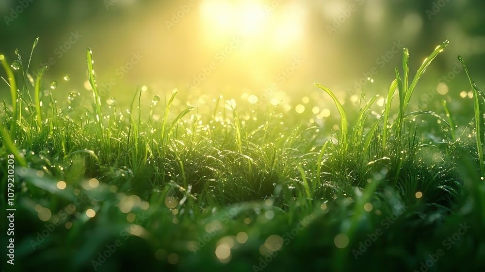 Green Grass with Dew Drops and Sunlight Illustration Green Grass with Dew Drops and Sunlight Illustration