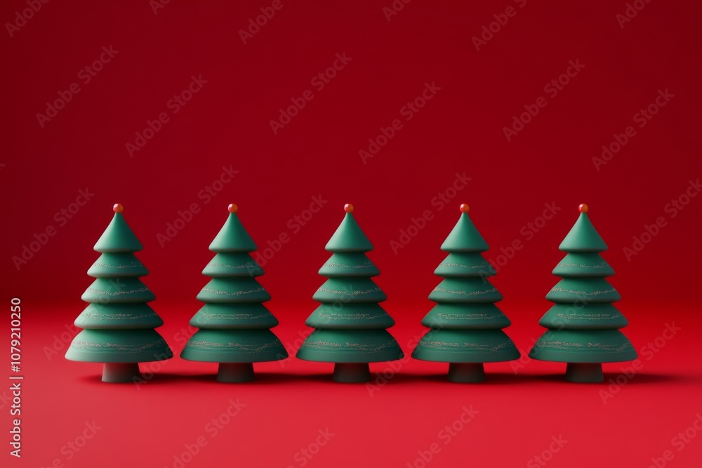 A row of Christmas tree-shaped models with gifts on a red background, 3D clay icon illustration, matte texture, simple scene, minimalism, isometric view, C4D rendering, surreal details, high resolutio A row of Christmas tree-shaped models with gifts on a red background, 3D clay icon illustration, matte texture, simple scene, minimalism, isometric view, C4D rendering, surreal details, high resolutio
