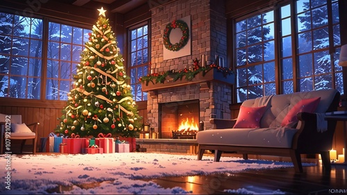 A magnificently opulent Christmas scene unfolds before us: a cozy fireplace crackling with warmth, a Christmas tree adorned with twinkling lights and  ornaments