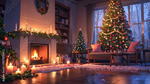 A magnificently opulent Christmas scene unfolds before us: a cozy fireplace crackling with warmth, a Christmas tree adorned with twinkling lights and  ornaments