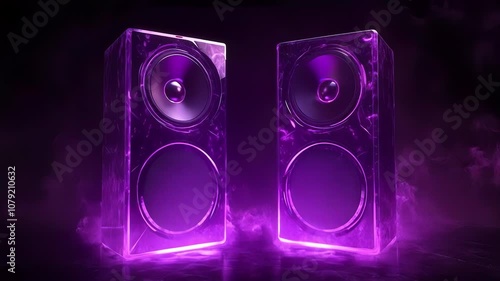 The music speakers glow with a purple neon glow. Sound audio system with satellites and subwoofer. Music Background with splashy lights.