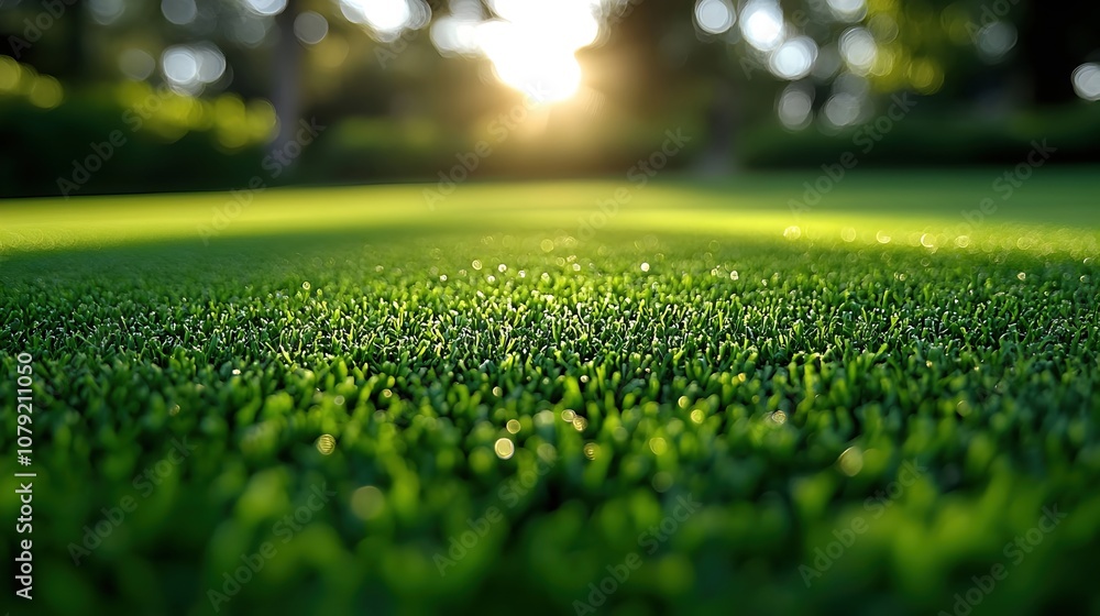 Naklejka premium Green Grass Close-Up with Sunlight Bokeh