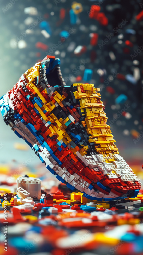 Fototapeta premium Shoe crafted from colorful interlocking bricks, hovering amidst scattered pieces. Concept of creativity, innovation, and playful design.