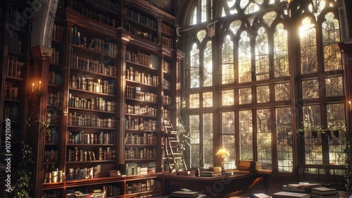 Sunlit Library with Expansive Bookshelves