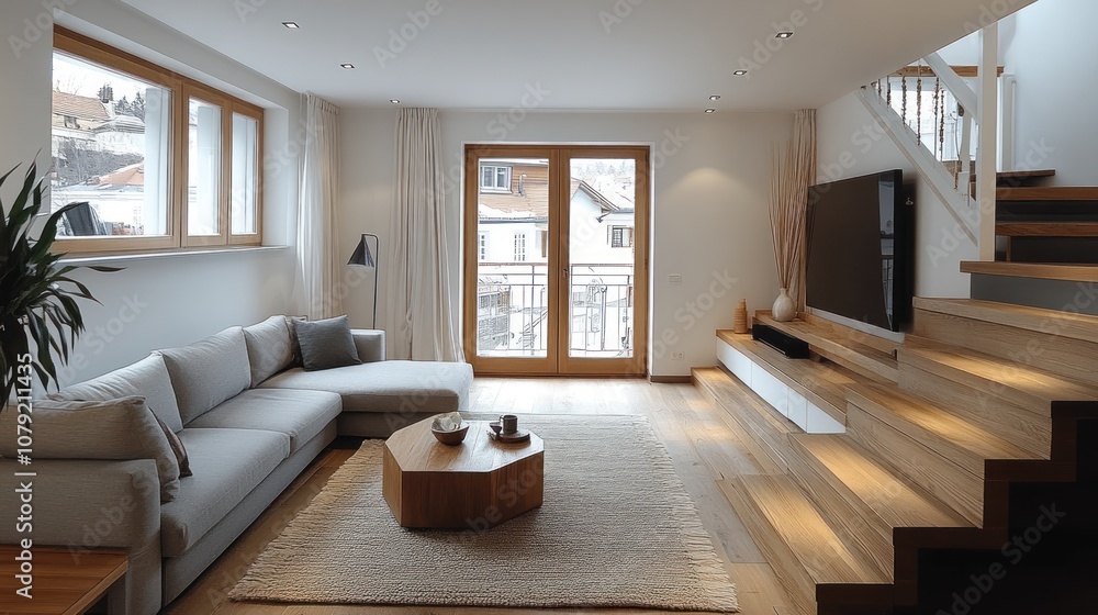 Fototapeta premium Modern Living Room with Grey Sofa, Wooden Coffee Table, and Staircase