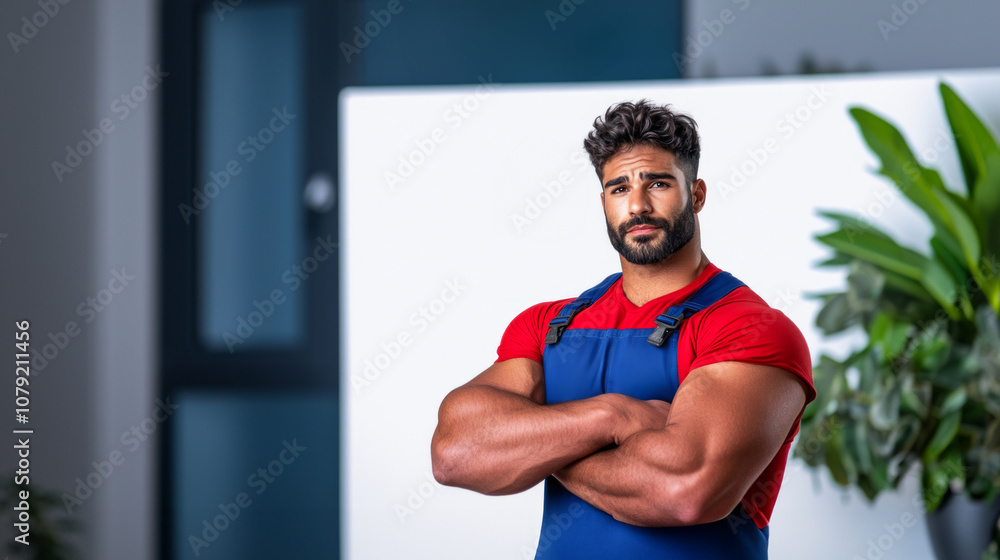 A smiling repairman in blue overalls and red t-shirt A smiling repairman in blue overalls and red t-shirt