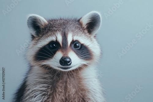 Curious raccoon with expressive eyes gazes softly against a minimalist white backdrop in a tranquil setting