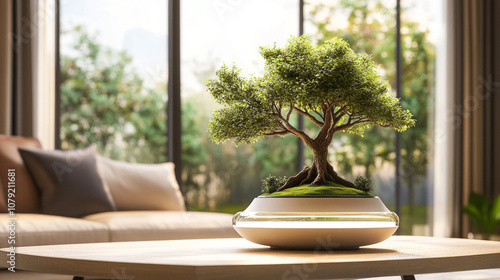 Unique decoration for home. Use this rotating and flying bonsai tree as an indoor decoration. Put it on any table and watch it spin and float in the air. photo