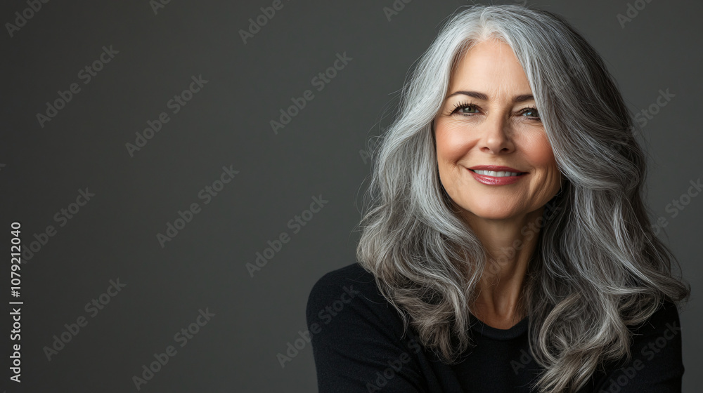 Beautiful mature woman smiling in a studio portrait, showcasing her gray hair against a gray backdrop Beautiful mature woman smiling in a studio portrait, showcasing her gray hair against a gray backdrop