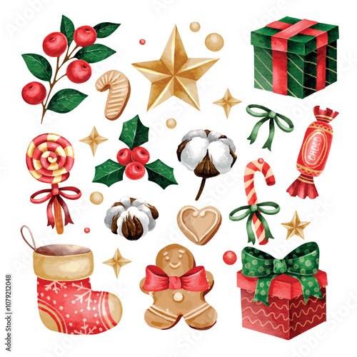 Vector collection of watercolor Christmas elements