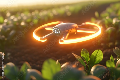 Industrial drone flies over a green field and sprays useful pesticides to increase productivity and destroys harmful insects. Modern technologies in agriculture. Smart technology concept photo